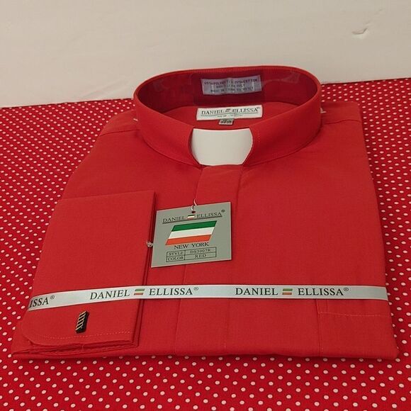 DANIEL ELLISSA RED CLERGY SHIRT, WHITE TAB, WITH FRENCH CUFFS. - Picture 2 of 4